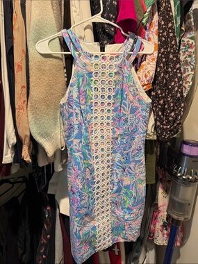 Lilly Pulitzer Blue Multicolor Floral Mini Dress with White Crochet Trim